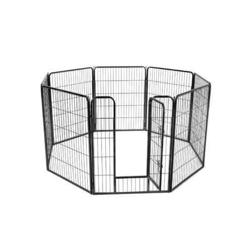 Kaheksanurkne, must, metallist lemmiklooma koeraaedik kaheksa omavahel ühendatud paneeliga. Sellel on hõlpsaks juurdepääsuks ühel paneelil lukustatud värav. Koera aedik 100 cm kõrgune virde on mõeldud väikeloomadele ja kuvatakse valgel taustal.