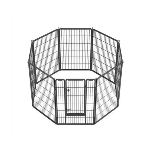 Kaheksanurkne metallist Koera aedik 8 võrepaneelidega 77 x 120 cm musta viimistlusega. Sellel on vertikaalsed ribad ning sisse- ja väljapääsuks väike värav. Mänguaedik on loodud lemmikloomade turvaliseks ümbritsemiseks, pakkudes samas liikumisruumi.