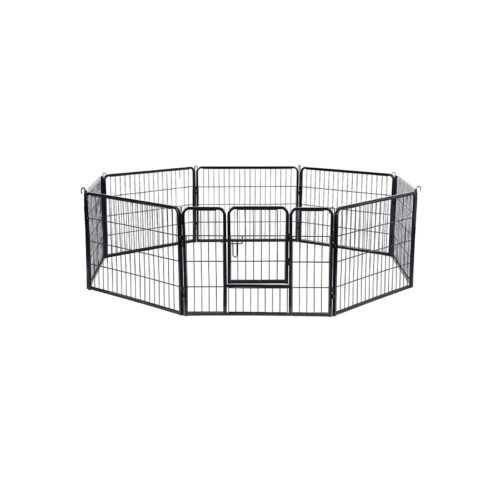 Mustast metallist Koera mänguaedik 8 võrepaneeliga vormitud kaheksanurkseks. Sellel on vertikaalsed latid ja lukustatav värav lihtsaks juurdepääsuks. See Koera aedik sobib väikestele lemmikloomadele ja pakub neile mängimiseks või puhkamiseks turvalist, suletud ala.