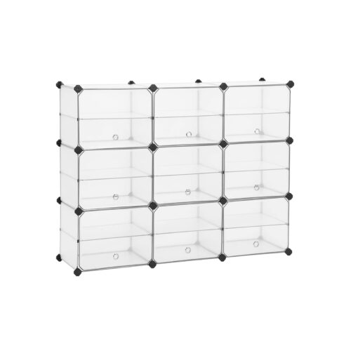 Tutvustame Ustega Hoiukastid Plastikust Modular Storage Organizer: sellel on üheksa hoiukuubikut, mis on paigutatud 3x3 ruudustikusse. Iga cubby on toestatud mustale raamile ja sellel on läbipaistev esiosa ringikujulise käepidemega. See eraldiseisev korraldaja on mõeldud mitmekülgseks kasutamiseks erinevates ruumides.