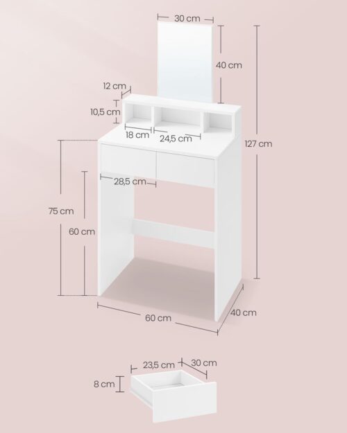 Meigilaud peegli ja 2 sahtliga valge - Image 5